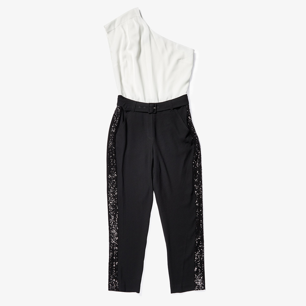 Incaltaminte Femei Derek Lam 10 Crosby One Shoulder Jumpsuit w Sequin Tuxedo Stripe WhiteBlack