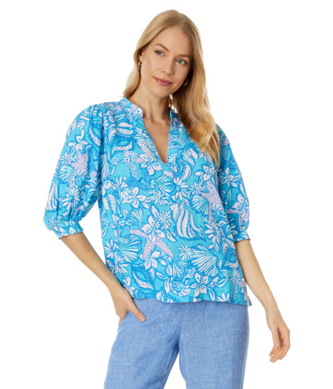 Imbracaminte Femei Lilly Pulitzer Mialeigh Elbow Sleeve Linen Amalfi Blue Sound The Sirens